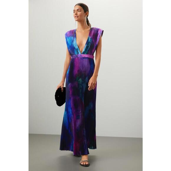 L'IDÉE Blue Tie-Dye Satin Gala Gown Size 10 with Stains